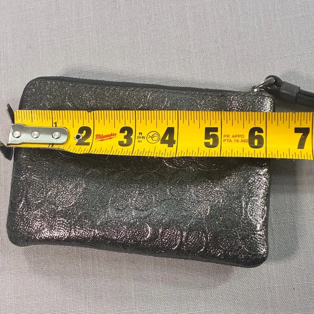 Coach Metallic Signature Embossed Leather Wristlet Black Gunmetal Zip Pouch